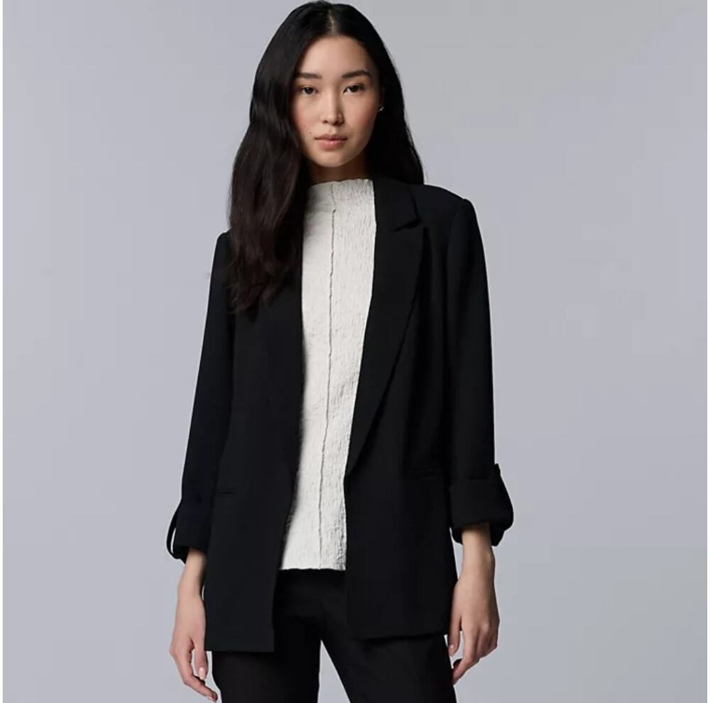 Simply Vera Wang Black Linen Blazer Jacket Roll Tab Peak Lapel Open Size XL